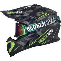 Broken Head Crosshelm Squadron Grau + MX-Brille Regulator Grün Verspiegelt