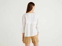 Benetton,  Bluse Aus 100% Leinen Mit Rüsche,  taglia L,  Weiss,  Damen