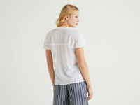 Benetton,  Bluse Mit Kurzen Ärmeln Und Rüsche,  taglia M,  Weiss,  Damen