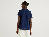Benetton,  Bluse Mit Kurzen Ärmeln Und Rüsche,  taglia S,  Dunkelblau,  Damen