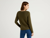 Benetton Online exclusive,  Pullover Aus Reiner Baumwolle Mit Flechtmuster,  taglia XL,  Militärgrün,  Damen