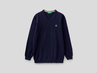 Benetton Online exclusive,  Pullover Mit V-ausschnitt In 100% Baumwolle,  taglia XL,  Dunkelblau,  Kinder