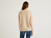 Benetton,  Beiger Stehkragenpullover Mit Ärmeln Im Rippenmuster,  taglia XS,  Beige,  Damen
