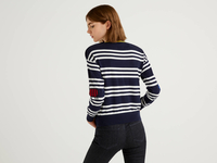 Benetton Online exclusive,  Pullover Aus 100% Baumwolle Mit Streifen Und Intarsienarbeiten,  taglia L,  Dunkelblau,  Damen