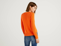 Benetton Online exclusive,  Pullover Aus Baumwolle Mit Verarbeitung Im Flechtmuster,  taglia XL,  Orange,  Damen