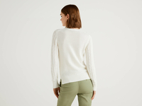 Benetton Online exclusive,  Pullover Aus Baumwolle Mit Verarbeitung Im Flechtmuster,  taglia XS,  Cremeweiss,  Damen