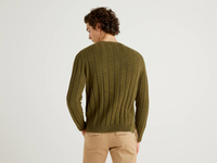 Benetton Online exclusive,  Pullover In Einer Mischung Aus Baumwolle Und Leinen Mit Rippenmuster,  taglia M,  Militärgrün,  Herren