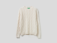 Benetton Online exclusive,  Pullover Mit Rundausschnitt Und Flechtmuster,  taglia EL,  Cremeweiss,  Herren