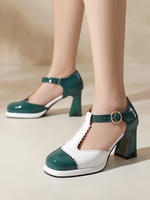 Damen Farbblock Alle Jahreszeiten Elegant Pendeln T-Gürtel Rund PU Gummi Höhe zunehmend Slippers