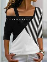 Damen Farbblock Lässig Herbst Warmbohren Mikroelastizität Asymmetrisch Regelmäßig H-Linie Regelmäßig T-Shirt