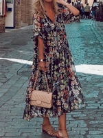 Damen Geblümt Sommer Lässig Leicht Weit Midi H-Linie Urlaub Blusenkleid Kleider