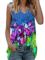 Damen Geblümt Urlaub Sommer V-Ausschnitt Normal Leicht Hohe Elastizität Lässig Baumwollmischung Tanktop Blusen & Shirts
