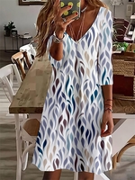 Damen Geometrisch Lässig Herbst V-Ausschnitt Midi Bestseller 3/4 Ärmel A-Linien Regelmäßig Größe Kleider