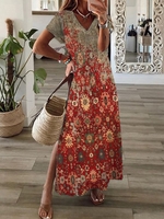 Damen Lässig Abstrakt Sommer V-Ausschnitt Leicht Keine Elastizität Maxikleid T-Shirt-Kleid A-Linien Kleider