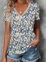 Damen Lässig Abstrakt Sommer V-Ausschnitt Täglich Jersey Mittellang CR AA T-Shirts