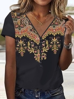 Damen Lässig Ethnisch Sommer V-Ausschnitt Kurzarm H-Linie Regelmäßig CR Re T-Shirts