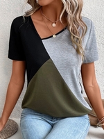 Damen Lässig Farbblock Sommer Mikroelastizität Weit Jersey Asymmetrisch Kurzarm H-Linie Shirts