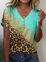 Damen Lässig Farbverlauf Sommer V-Ausschnitt Geknöpft Bestseller Kurzarm H-Linie Regelmäßig Shirts