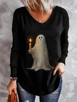 Damen Lässig Frühling/Herbst Halloween V-Ausschnitt Mikroelastizität Täglich Weit Jersey Langarm T-Shirts