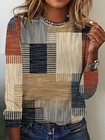 Damen Lässig Frühling/Herbst Kariert Keine Elastizität Weit Jersey Rundhals Regelmäßig H-Linie T-Shirts