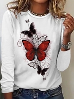 Damen Lässig Frühling/Herbst Schmetterling Täglich Regelmäßige Passform Langarm Rundhals Baumwollmischung Regelmäßig Shirts