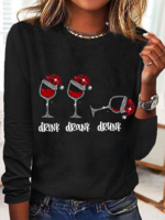 Damen Lässig Frühling/Herbst Weihnachten Wein Glas Mikroelastizität Regelmäßige Passform Langarm Rundhals Regelmäßig H-Linie Shirts