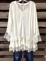 Damen Lässig Geblümt Frühling/Herbst Baumwollmischung Schlüsselloch Lässig Langarm Weit Regelmäßig T-Shirts