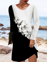 Damen Lässig Geblümt Frühling/Herbst Normal Regelmäßige Passform Midi Rundhals Regelmäßig Mittlere Elastizität Kleider