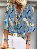 Damen Lässig Geblümt Frühling/Herbst V-Ausschnitt Keine Elastizität Täglich 3/4 Ärmel Regelmäßig FF Shirts