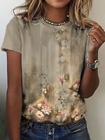 Damen Lässig Geblümt Sommer Mikroelastizität Weit Jersey Kurzarm H-Linie Regelmäßig T-Shirts
