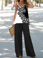 Damen Lässig Geblümt Sommer Spaghettiträger Ösen Normal Mikroelastizität H-Linie CR Zweiteiliges Sets