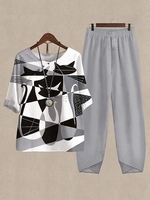 Damen Lässig Sommer Abstrakt Grafik Polyester V-Ausschnitt Normal Mikroelastizität Weit NL Zweiteiliges Sets