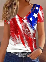 Damen Lässig Sommer Amerika-Flagge V-Ausschnitt Weit Jersey H-Linie Tag der Unabhängigkeit CR Shirts