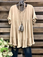 Damen Lässig Sommer Quaste Kurzarm Weit Rundhals Baumwollmischung Regelmäßig Blusen & Shirts