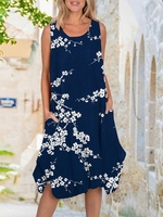 Damen Lässig Sommer Weiß Geblümt Print Normal Weit Jersey H-Linie Regelmäßig Kleider