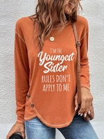 Damen Lässig Textbriefe Frühling Leicht Mikro-Elastizität Täglich Langarm Rundhals H-Linie T-Bluse