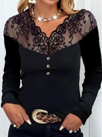 Damen Lässig Unifarben Frühling/Herbst Baumwolle V-Ausschnitt Hohe Elastizität Regelmäßige Passform Regelmäßig Spitzenrand T-Shirts