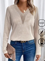 Damen Lässig Unifarben Frühling/Herbst Polyester V-Ausschnitt Mikroelastizität Täglich Weit Spitze Shirts