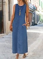 Damen Lässig Unifarben Sommer Normal Maxikleid Standard Denim Tanktop Regelmäßig Kleider