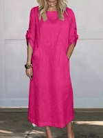 Damen Lässig Unifarben Sommer Polyester Normal Weit Rundhals H-Linie Regelmäßig Kleider