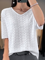 Damen Lässig Unifarben Sommer Polyester V-Ausschnitt Mikroelastizität Täglich Weit H-Linie Shirts