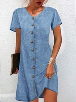 Damen Lässig Unifarben Sommer Weit Knöpfe Bestseller Rock Kurzarm Schnalle Kleider