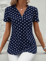 Damen Polka Dots Lässig Sommer Polyester V-Ausschnitt Reißverschluss Regelmäßige Passform Kurzarm Regelmäßig Blusen1