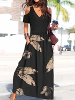 Damen Sommer Lässig Federmuster V-Ausschnitt Leicht Maxikleid Passen Urlaub Nein Kleider