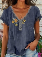 Damen Urlaub Geblümt Sommer V-Ausschnitt Stickerei Keine Elastizität Täglich H-Linie Regelmäßig Blusen1