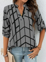 Geometrisch Lässig Frühling/Herbst Mikroelastizität Täglich Weit Langarm H-Linie Regelmäßig Bluse für Damen