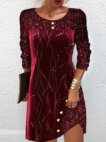 Geometrisch Lässig Frühling/Herbst Normal Täglich Weit Rundhals Schnalle Regelmäßig Kleider für Damen