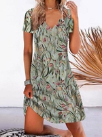 Lässig Blätter V-Ausschnitt Jersey Midikleider