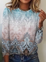 Lässig Ethnisch Frühling/Herbst Keine Elastizität Täglich Jersey Langarm Rundhals Regelmäßig T-Shirts für Damen