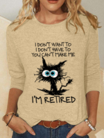 Lässig Frühling/Herbst Katze Mikroelastizität Regelmäßige Passform Langarm Baumwollmischung Regelmäßig H-Linie Shirts für Damen